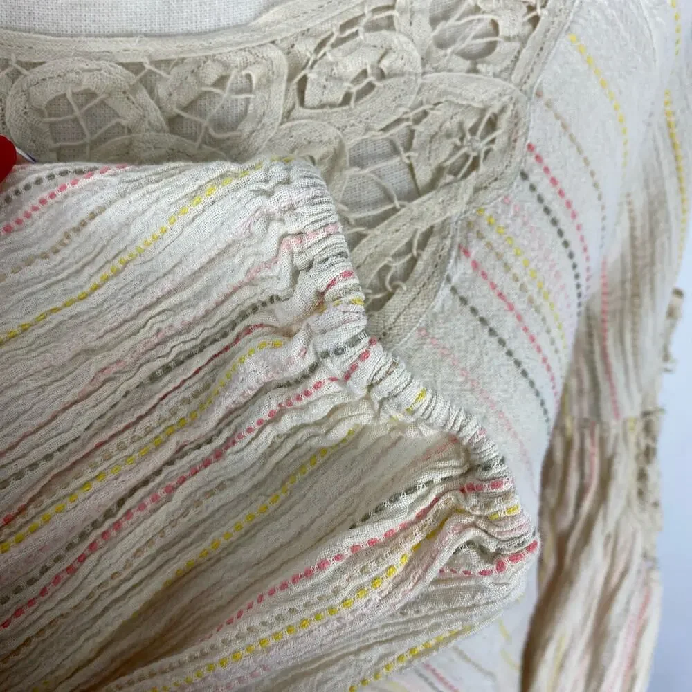 Free People Floating Memories Blouse Cotton Eyelet Pullover Top Beige Womens Sm